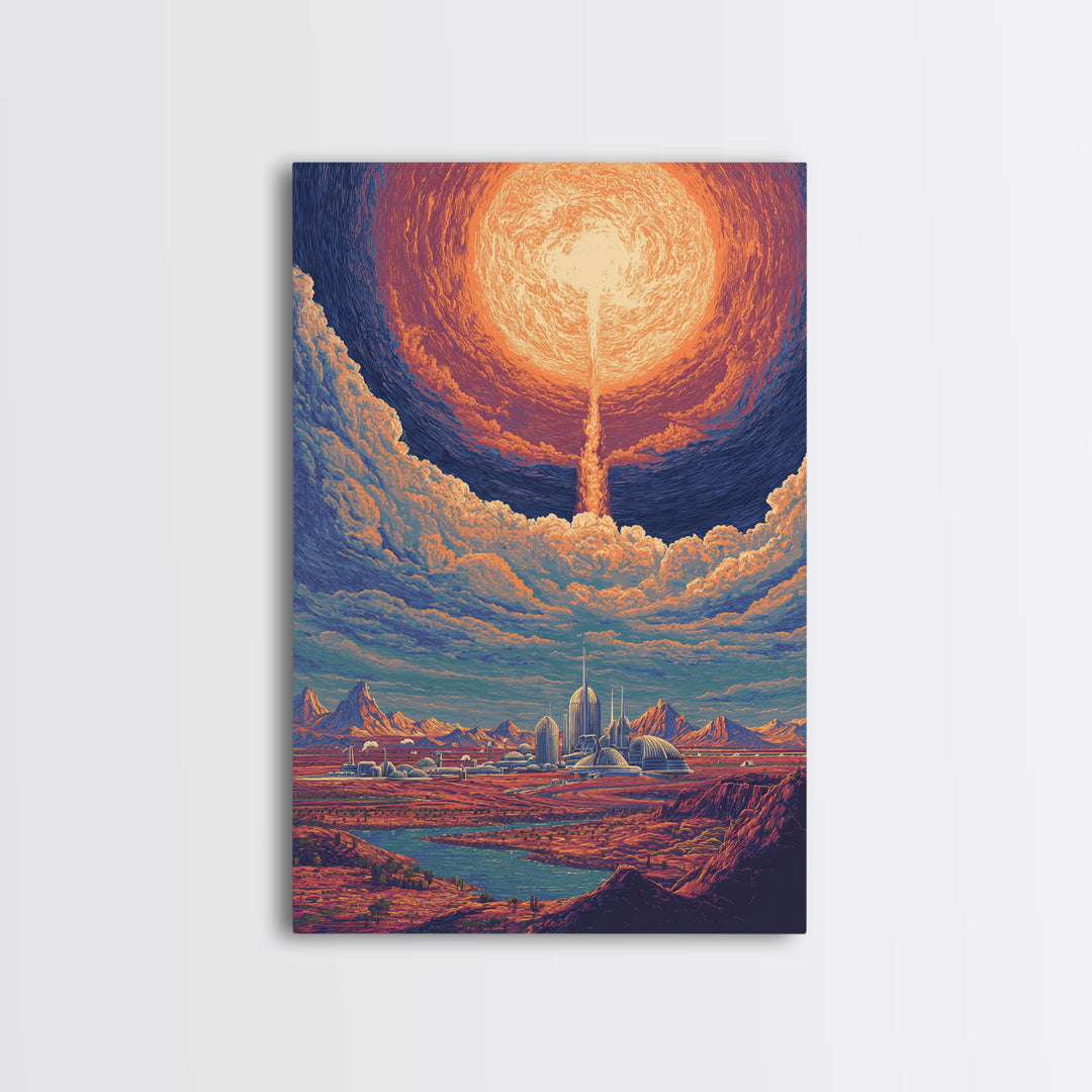 Radiant Solar City And Desert Canyon Wall Art, Retro Sci Fi Landscape Poster, Midcentury Modern Decor, Futuristic Art Print