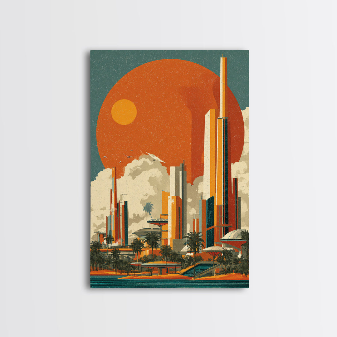 Orange Sun Futuristic Palm City Canvas Print, Retro Travel Poster, Midcentury Modern Wall Decor, Palm Springs Style Art Print