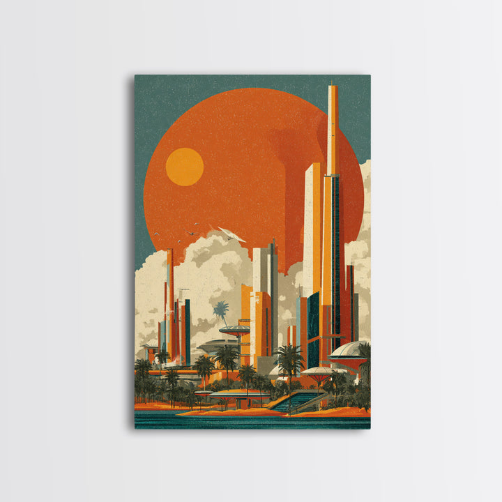 Orange Sun Futuristic Palm City Canvas Print, Retro Travel Poster, Midcentury Modern Wall Decor, Palm Springs Style Art Print
