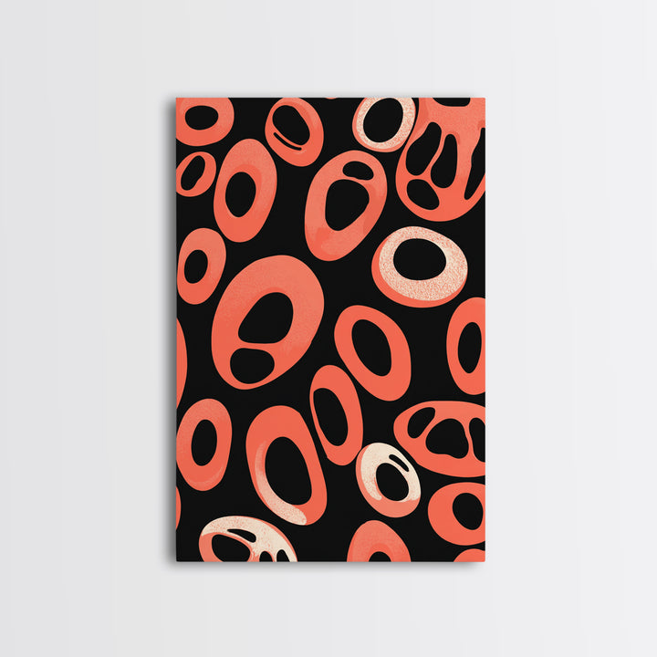 Coral Oval Rings On Black Canvas Print, Bold Retro Abstract Poster, Midcentury Modern Decor, Orange Geometric Wall Art Print