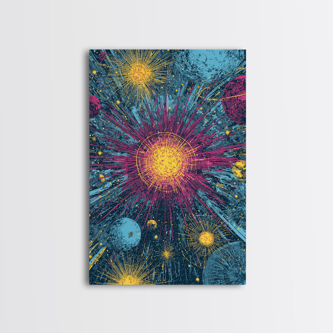 Exploding Stars And Planets Wall Art, Colorful Cosmic Retro Poster, Space Abstract Art, Midcentury Modern Decor Print Gift