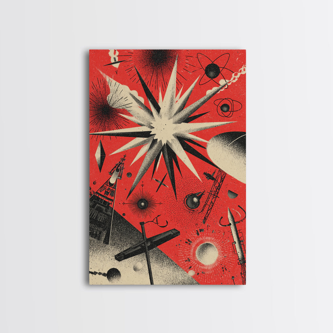 Red Atomic Starburst Space Scene Canvas Print, Retro Sci Fi Poster, Midcentury Modern Wall Decor, Futuristic Art Print Gift