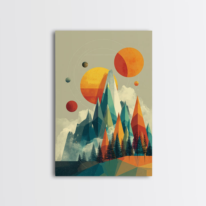 Planets Over Crystal Peaks Canvas Print, Midcentury Modern Space Mountain Wall Art, Retro Geometric MCM Decor For Living Room