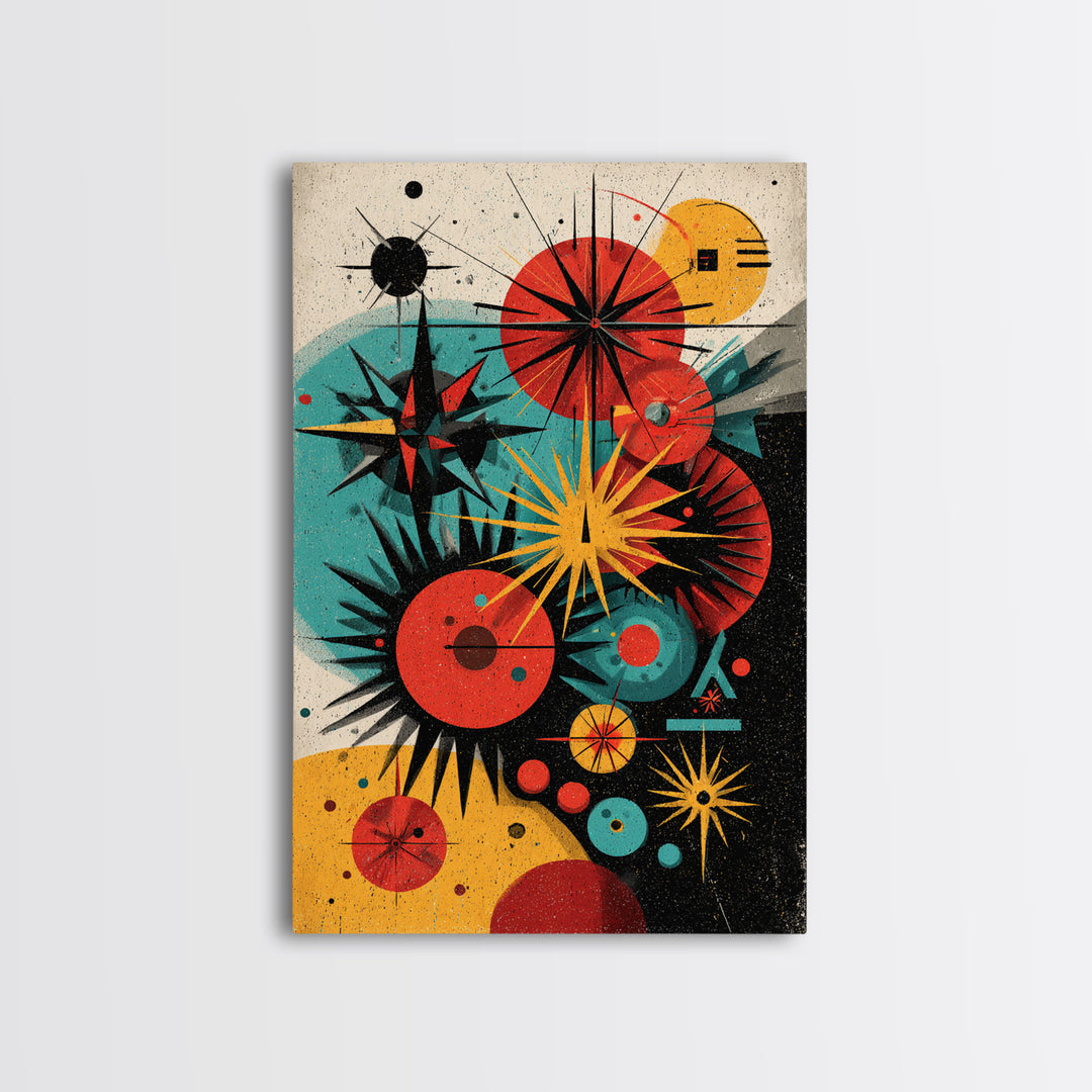 Atomic Circles And Starbursts Framed Canvas Print, Midcentury Modern Abstract Poster, Bauhaus Geometric Wall Art Decor Print