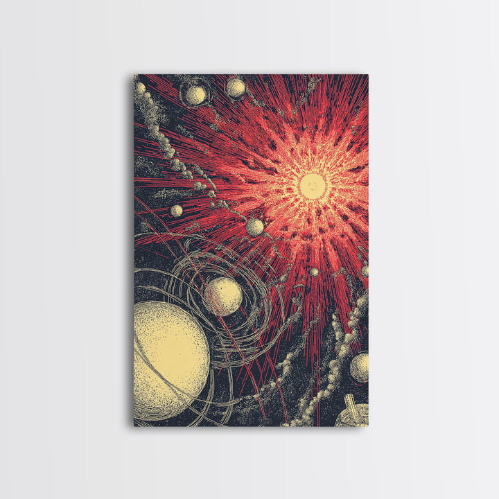 Red Cosmic Sunburst With Orbiting Planets Wall Art, Midcentury Modern Art, Retro Space Poster, Atomic Abstract Decor Prints