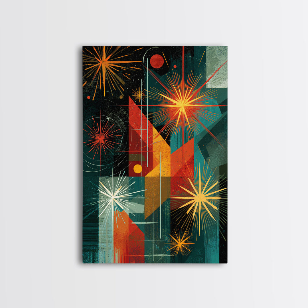 Teal Orange Geometric Fireworks Wall Art, Midcentury Modern Art, Atomic Retro Decor, Bold MCM Wall Decor Poster Print Gift