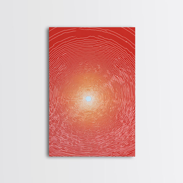 Radiant Red Concentric Sun Framed Canvas Print, Minimalist Wall Art, Modern Abstract Art, Retro Geometric Decor Poster Print