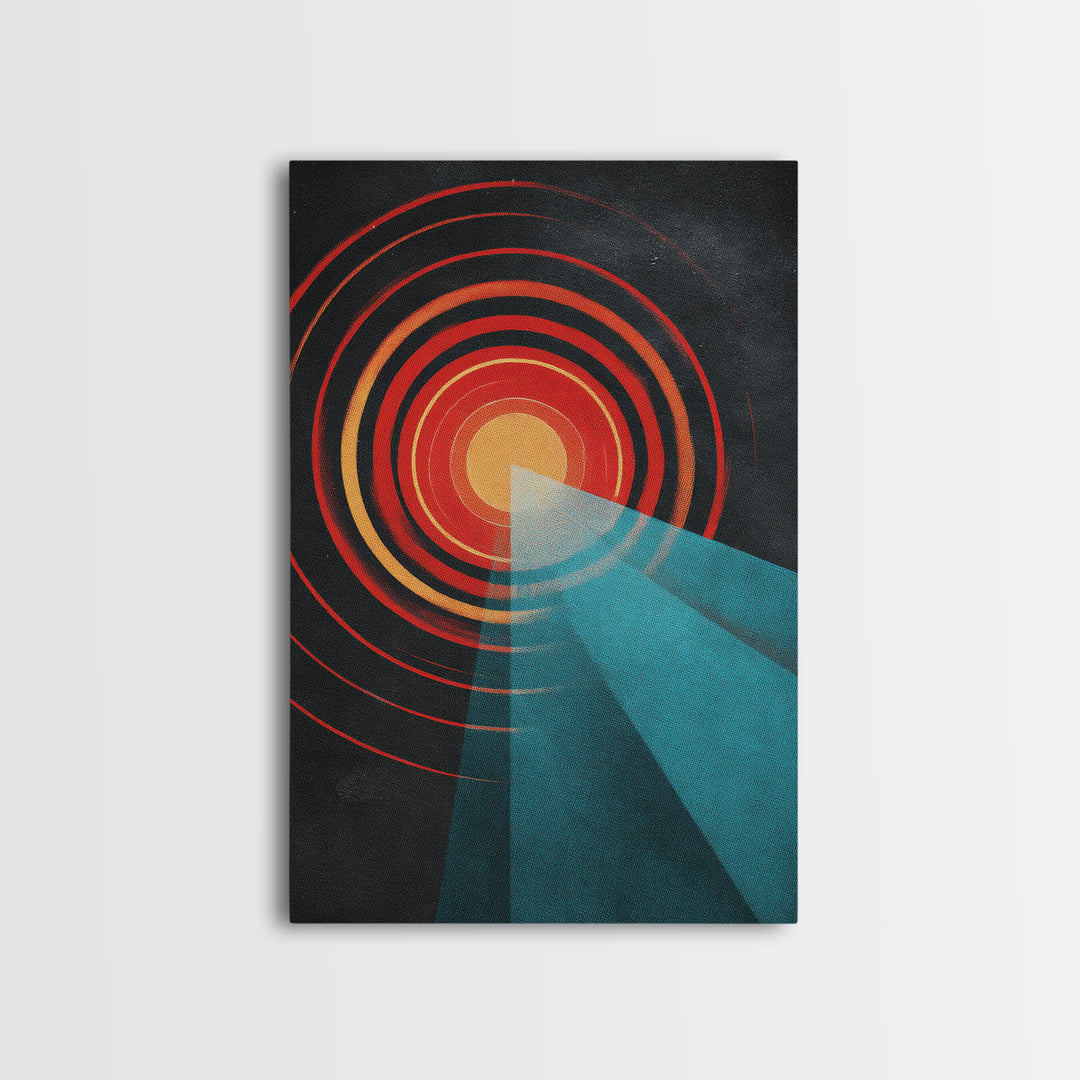 Red Target Sun With Blue Light Beams Wall Art, Modern Abstract Art, Retro Space Poster, Geometric Home Decor Print Gift Idea