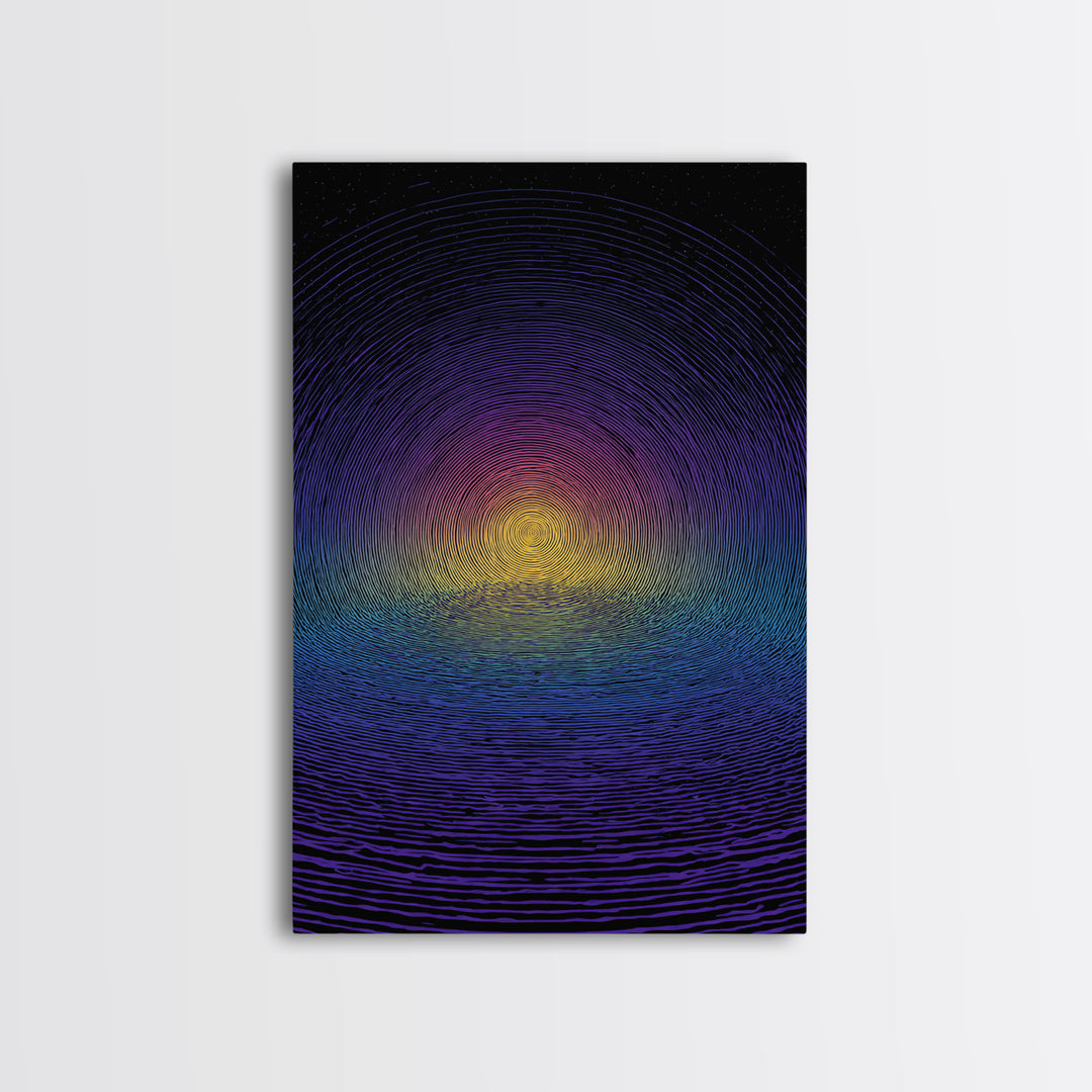 Blue Purple Ripple Sunset Canvas Print, Modern Abstract Wall Art, Retro Psychedelic Poster, Minimalist Home Decor Artwork