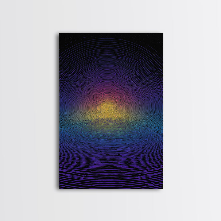 Blue Purple Ripple Sunset Canvas Print, Modern Abstract Wall Art, Retro Psychedelic Poster, Minimalist Home Decor Artwork
