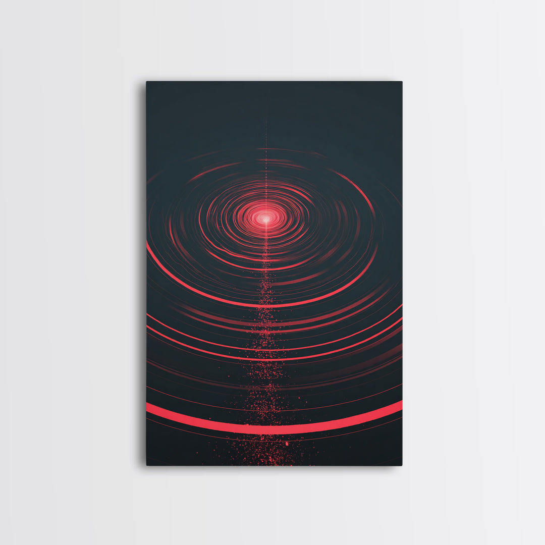 Red Cosmic Concentric Rings Abstract Wall Art, Modern Geometric Art Print, Sci Fi Retro Decor, Bold Black Living Room Decor