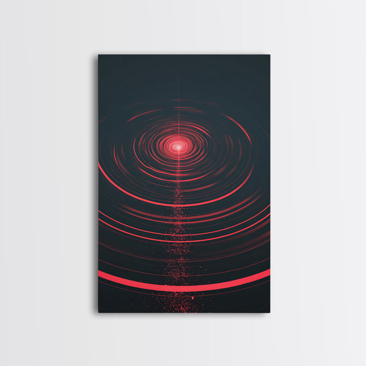Red Cosmic Concentric Rings Abstract Wall Art, Modern Geometric Art Print, Sci Fi Retro Decor, Bold Black Living Room Decor