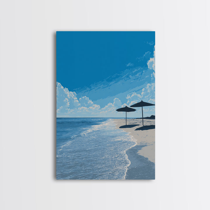 Sunny Blue Beach Umbrellas Canvas Print, Coastal Wall Art, Modern Travel Poster, Ocean View Decor, Serene Living Room Art