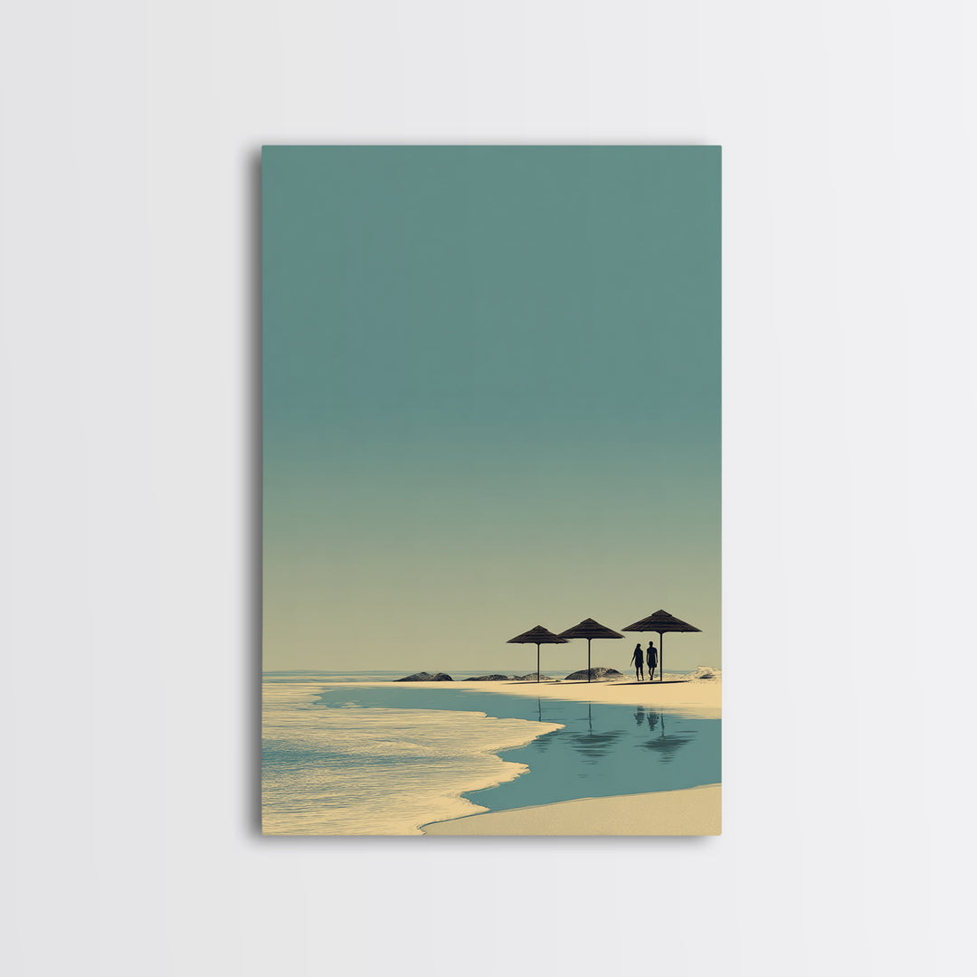 Minimal Beach Umbrellas Framed Canvas Print, Neutral Coastal Wall Art, Modern Landscape Poster, Serene Ocean Bedroom Decor