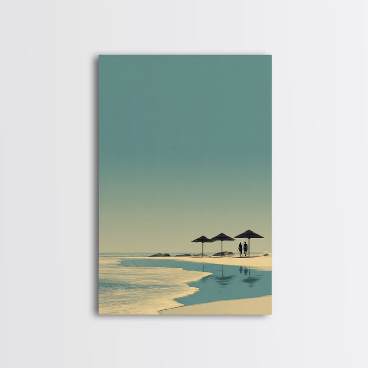 Minimal Beach Umbrellas Framed Canvas Print, Neutral Coastal Wall Art, Modern Landscape Poster, Serene Ocean Bedroom Decor