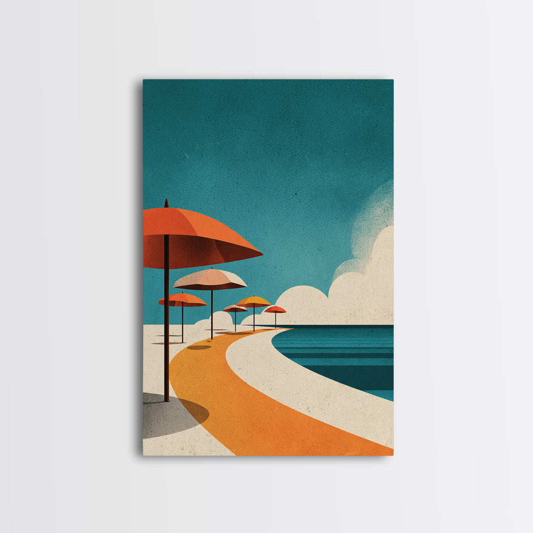 Orange Umbrella Boardwalk Canvas Print, Midcentury Modern Wall Art, Retro Beach Poster, Coastal MCM Home Decor, Palm Springs Style