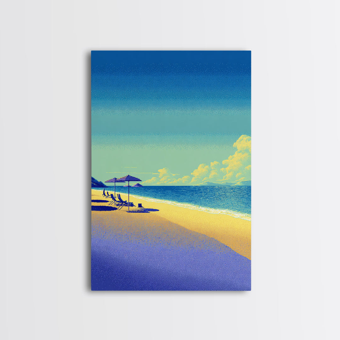 Vibrant Pixel Beach Canvas Print, Retro Travel Poster Wall Art, Coastal Modern Decor, Colorful Ocean Living Room Print Gift