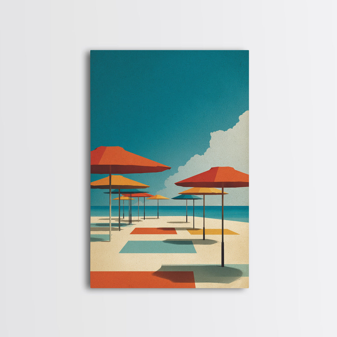 Retro Orange Beach Umbrellas Wall Art, Midcentury Modern Canvas Print, Coastal Poster, Bold MCM Living Room Home Wall Decor