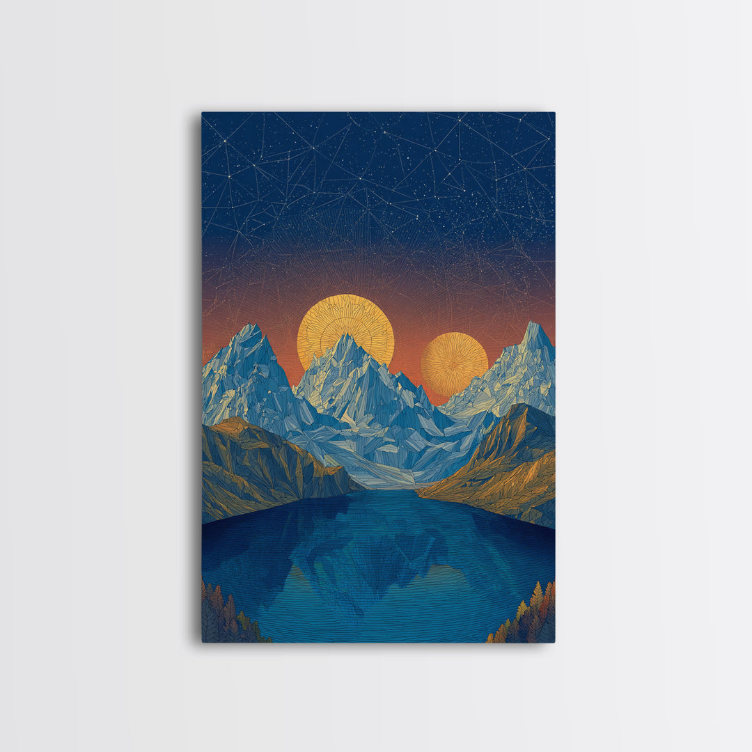 Starry Alpine Lake Framed Canvas Print, Blue Mountain Sunset Wall Art, Midcentury Modern Travel Poster For Cabin Home Decor