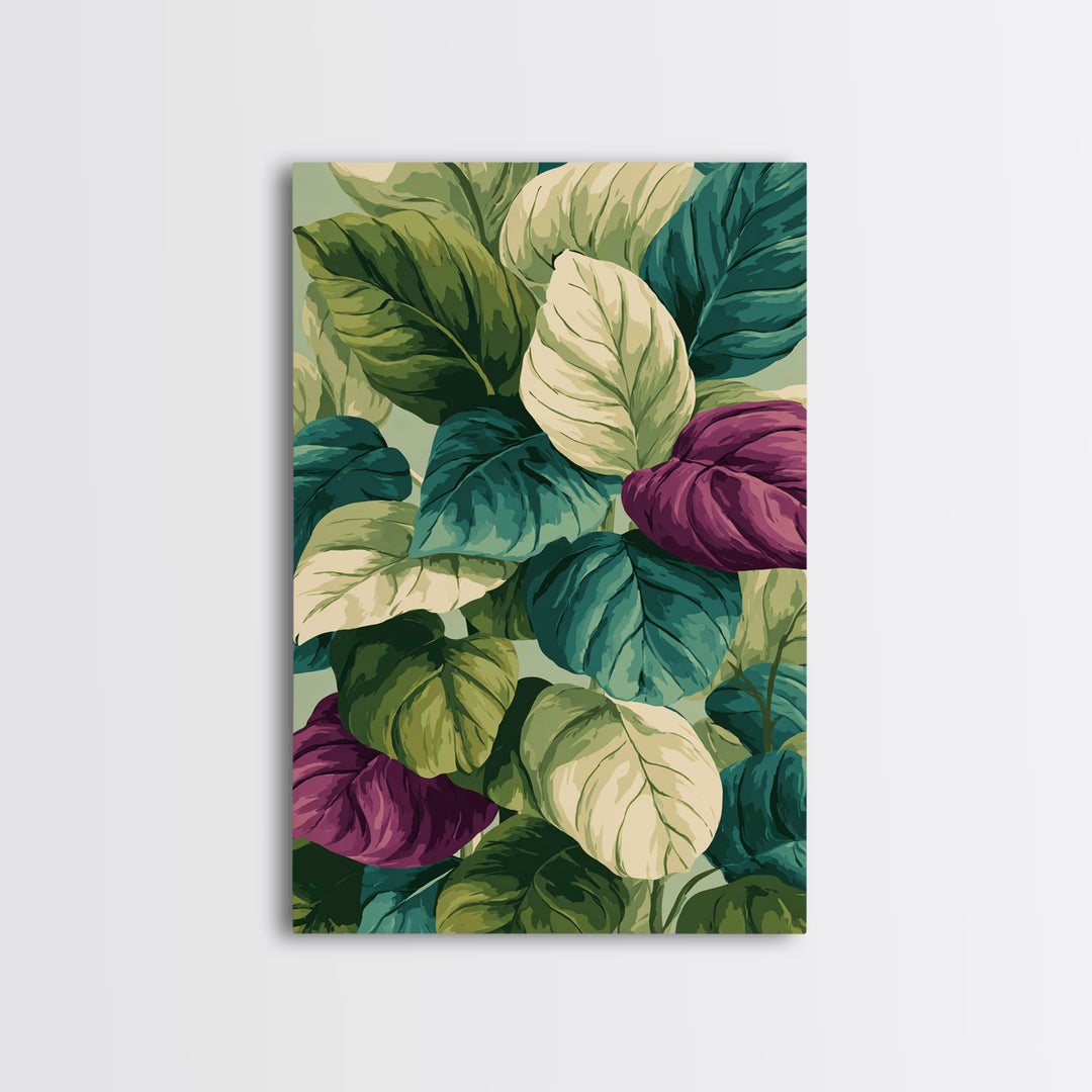 Lush Tropical Calathea Leaves Framed Canvas Print, Botanical Wall Art, Green Purple Nature Decor, Modern Home Art Prints