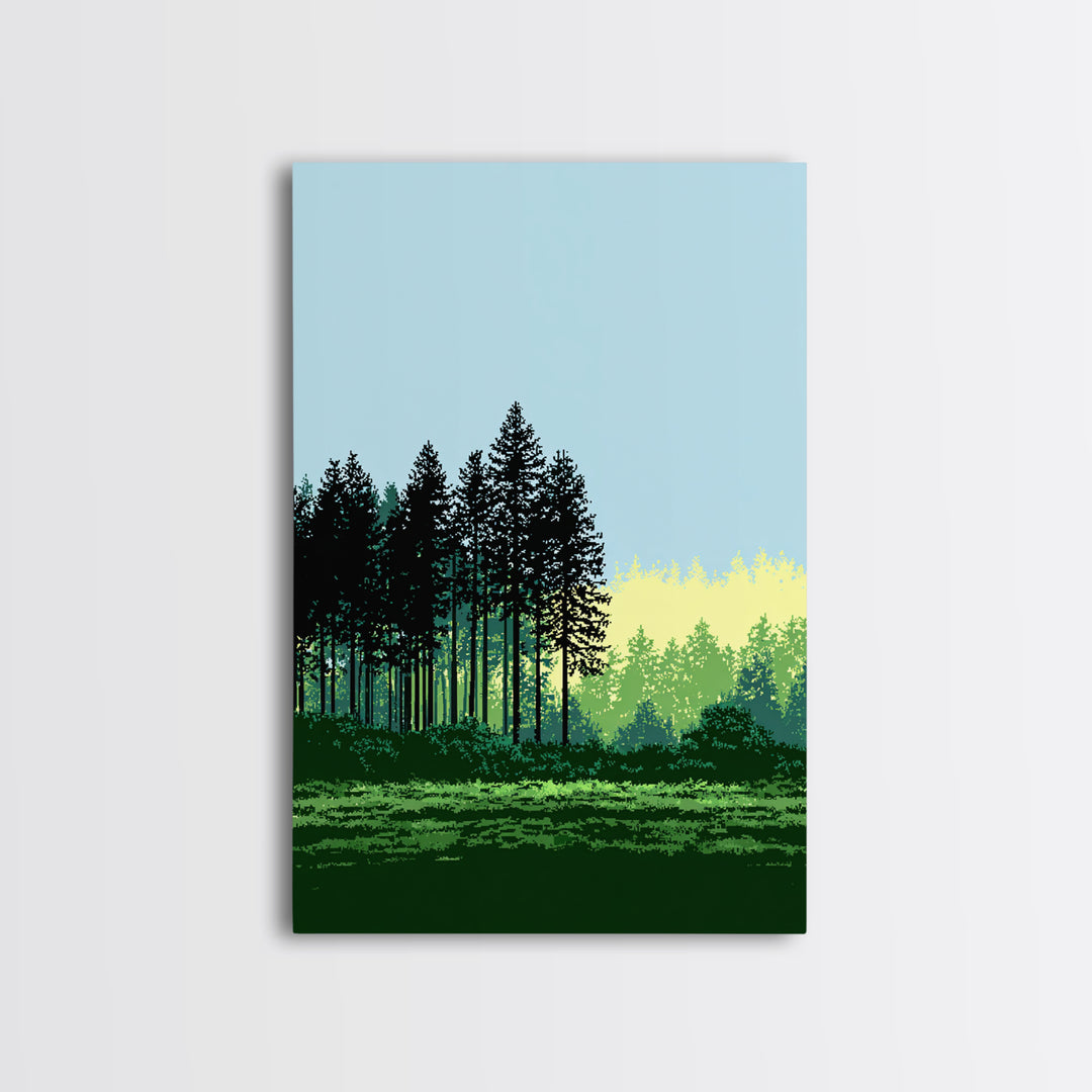 Pine Forest Silhouette Wall Art, Green Meadow Landscape Print, Scenic Nature Decor, Modern Cabin Office Wall Decor, Home Decor