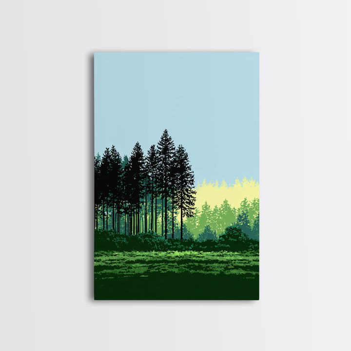 Pine Forest Silhouette Wall Art, Green Meadow Landscape Print, Scenic Nature Decor, Modern Cabin Office Wall Decor, Home Decor