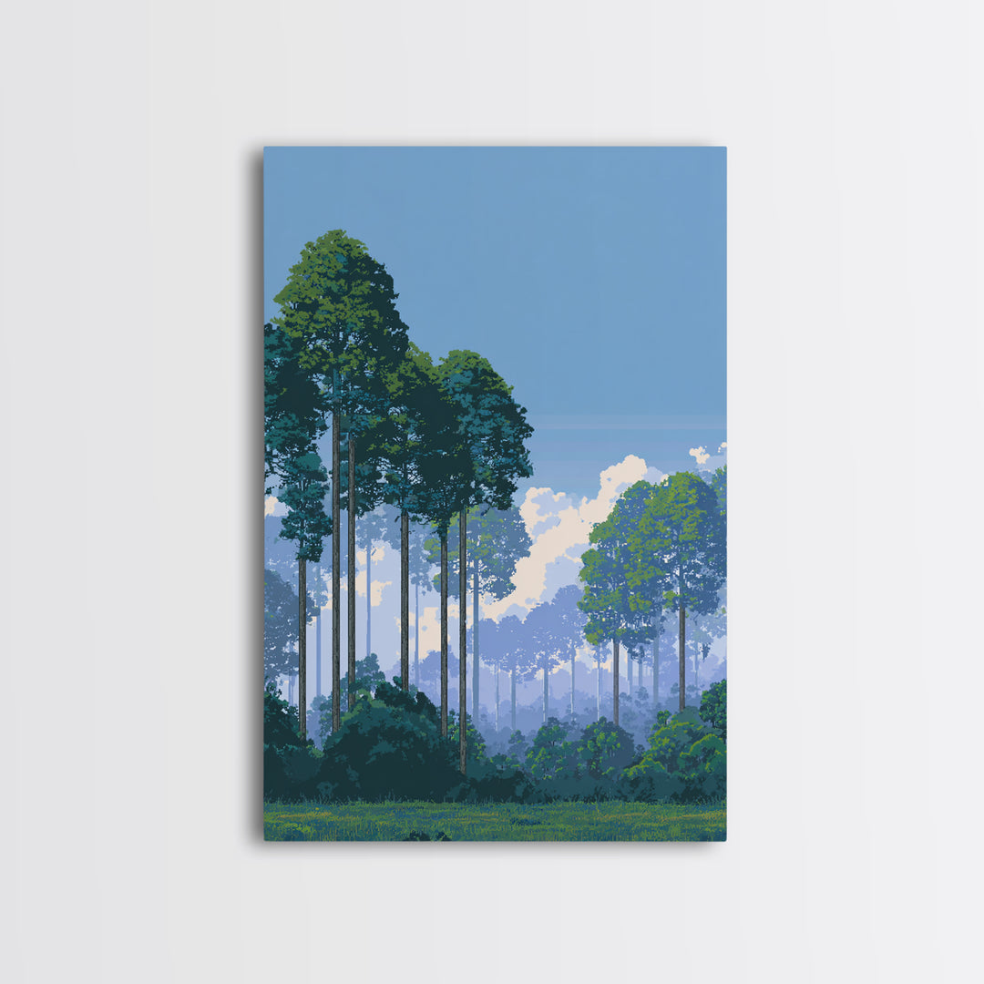 Misty Tall Pine Forest Canvas Print, Blue Sky Landscape Art, Scenic Nature Wall Decor, Modern Office Living Room Art Print