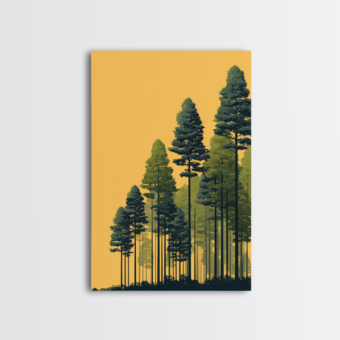 Golden Sunset Pine Forest Wall Art, Tall Evergreen Landscape Print, Scenic Nature Decor, Modern Cabin Living Room Decor Print
