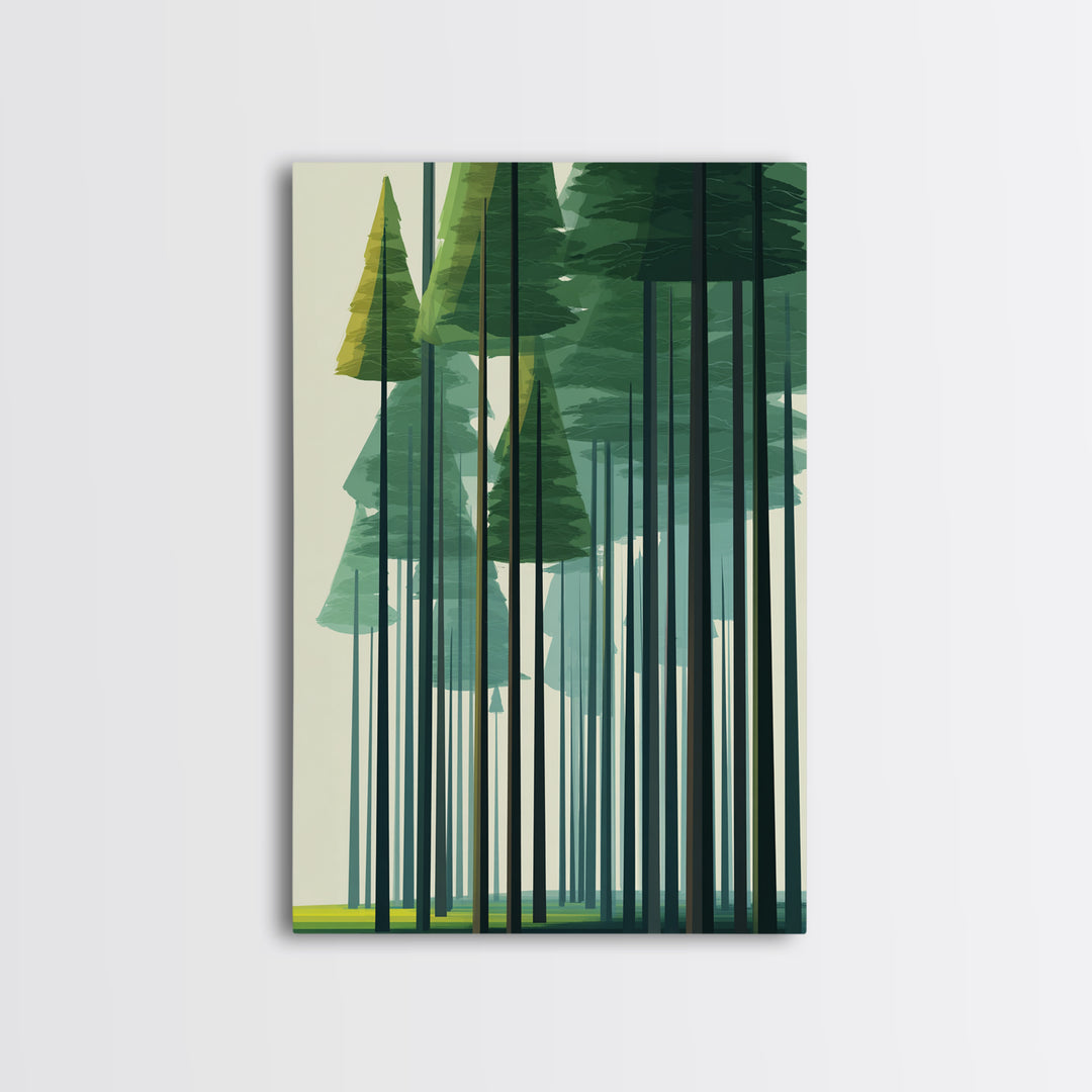 Minimalist Green Pine Grove Wall Art, Abstract Tall Tree Canvas Print, Scandinavian Nature Decor, Modern Forest Poster Art
