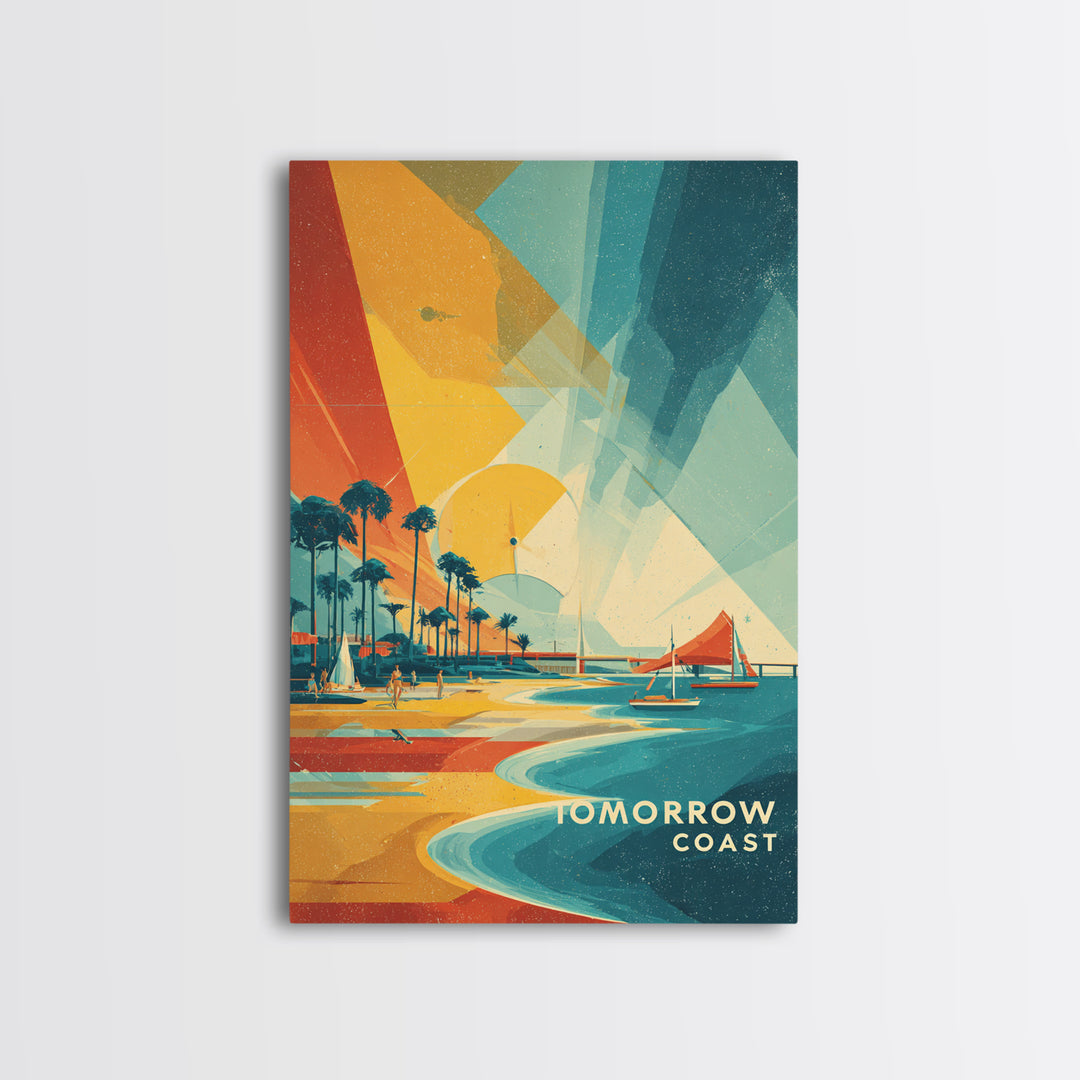 Tomorrow Coast Futuristic Beach Wall Art, Retro Travel Poster, Palm Springs Sailboat Canvas Print, Midcentury Modern Home Decor