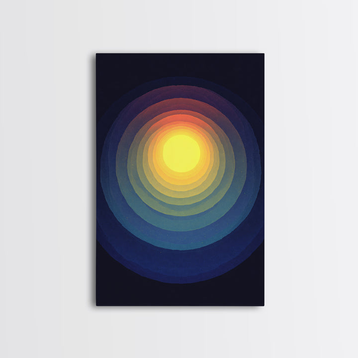 Radiant Yellow Concentric Sun Canvas Print, Midcentury Modern Art, Cosmic Abstract Wall Decor, Blue Retro Living Room Poster