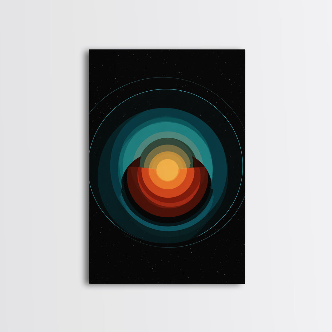Teal Orange Eclipse Planet Framed Canvas Print, Midcentury Modern Wall Art, Space Abstract Poster, Retro MCM Home Decor Art