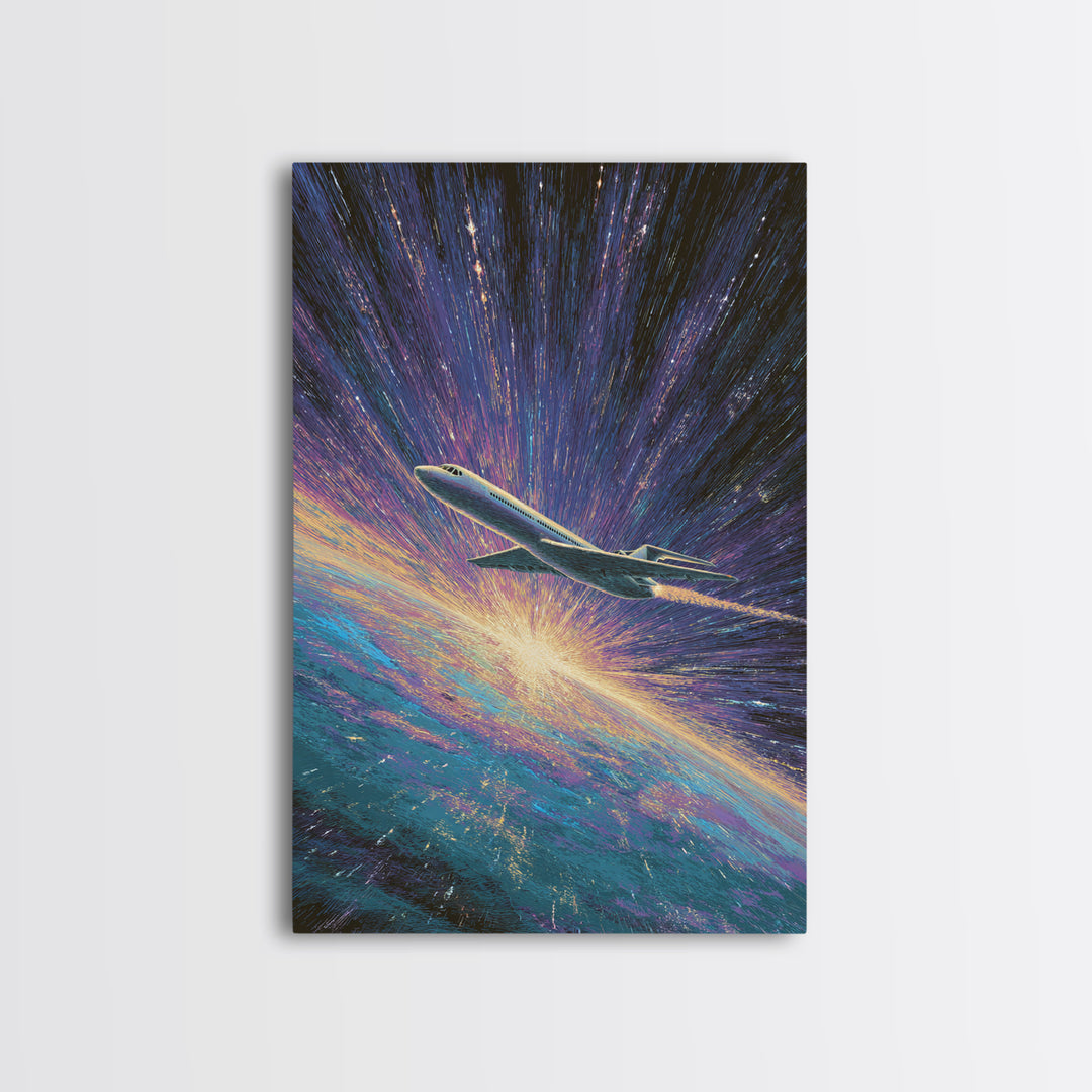 Cosmic Airplane Warp Speed Wall Art, Retro Sci Fi Travel Poster, Modern Art Print, Colorful Space Abstract Office Decor Art