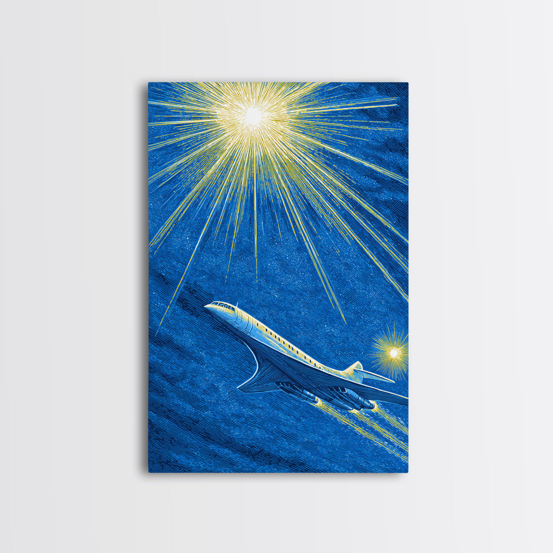 Blue Jet Under Radiant Starburst Framed Canvas Print, Retro Travel Poster, Midcentury Modern Wall Art, Aviation Office Decor