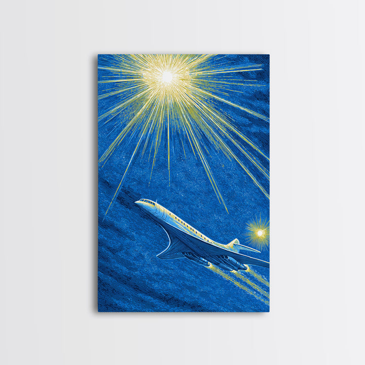 Blue Jet Under Radiant Starburst Framed Canvas Print, Retro Travel Poster, Midcentury Modern Wall Art, Aviation Office Decor