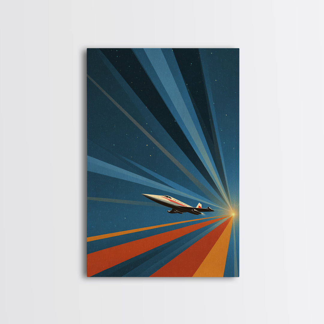 Retro Jet Plane Racing To Sunrise Canvas Print, Midcentury Modern Wall Art, Atomic Space Poster, Aviation Office Decor Gift