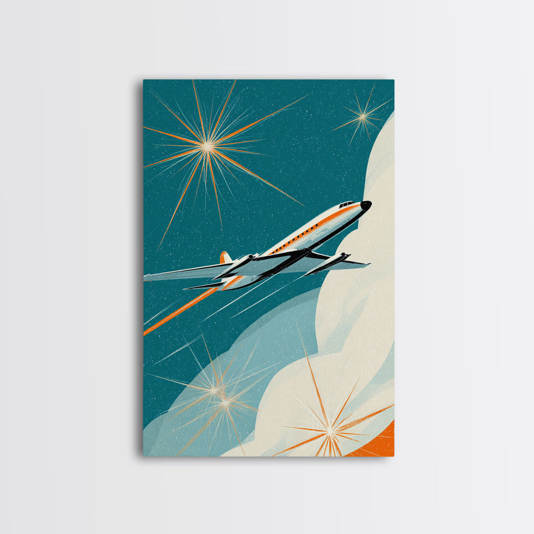 Sleek Retro Jet Over Moon Wall Art, Midcentury Modern Art Print, Atomic Space Poster, Aviation Office Decor Gift For Living Room
