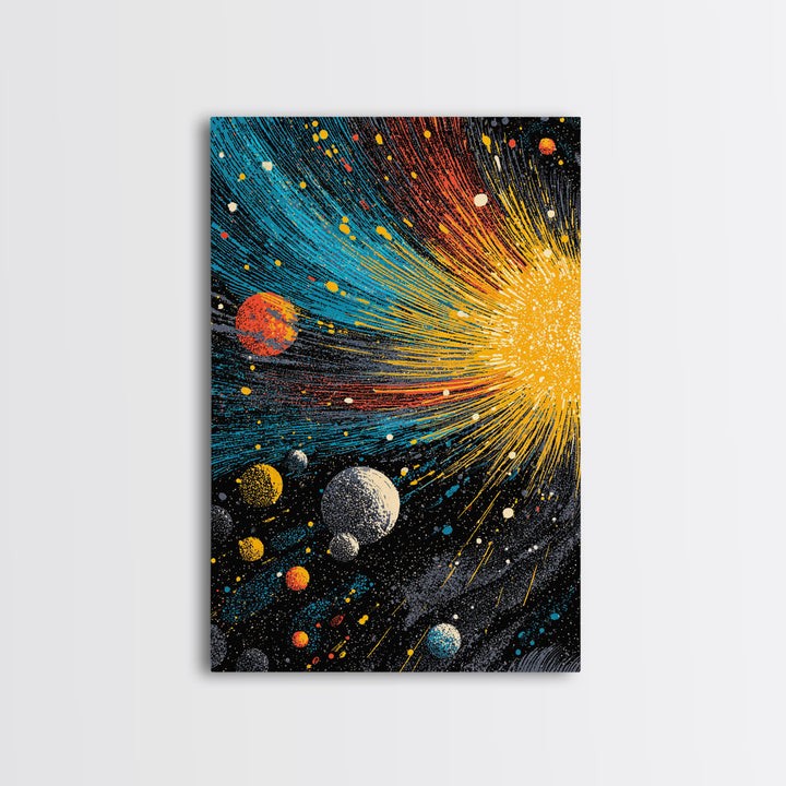 Exploding Solar System With Colorful Planets Framed Canvas Print, Midcentury Modern Wall Art, Retro Space Decor Poster Gift