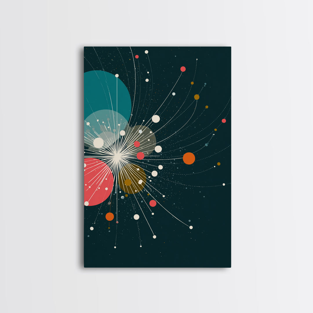 Abstract White Starburst With Floating Orbs Wall Art, Midcentury Modern Abstract Art Print, Teal Retro Space Office Decor