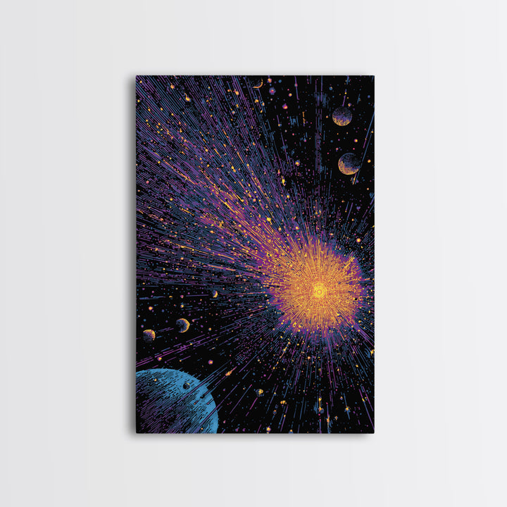 Brilliant Space Explosion With Orbiting Planets Canvas Print, Midcentury Modern Wall Art, Retro Sci Fi Poster For Office Decor