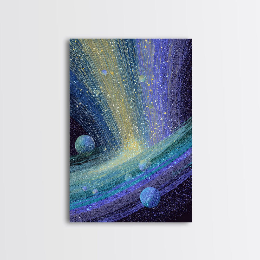 Surreal Ringed Planet With Blue Light Trails Framed Canvas Print, Midcentury Modern Wall Art, Cosmic Retro Space Decor Gift