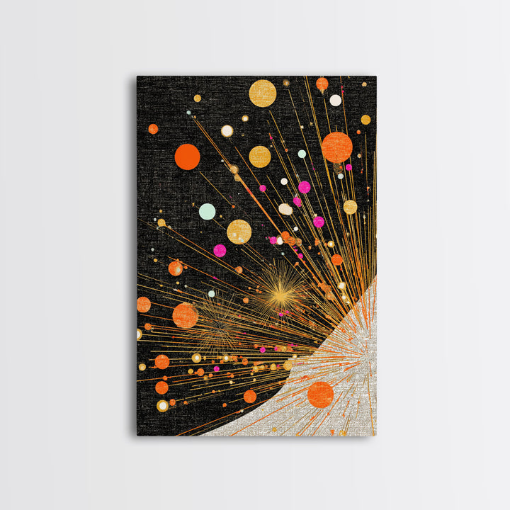 Orange Planet Burst On Black Canvas Print, Midcentury Modern Wall Art, Atomic Retro Space Poster, Geometric Office Decor