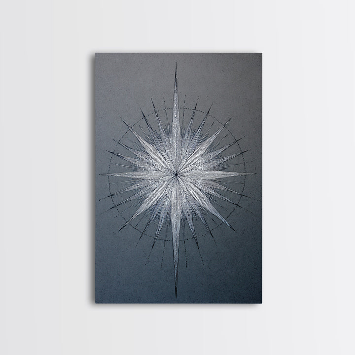White Silver Radial Starburst Canvas Print, Midcentury Modern Art, Geometric Wall Art, Abstract Print, Blue Office Decor