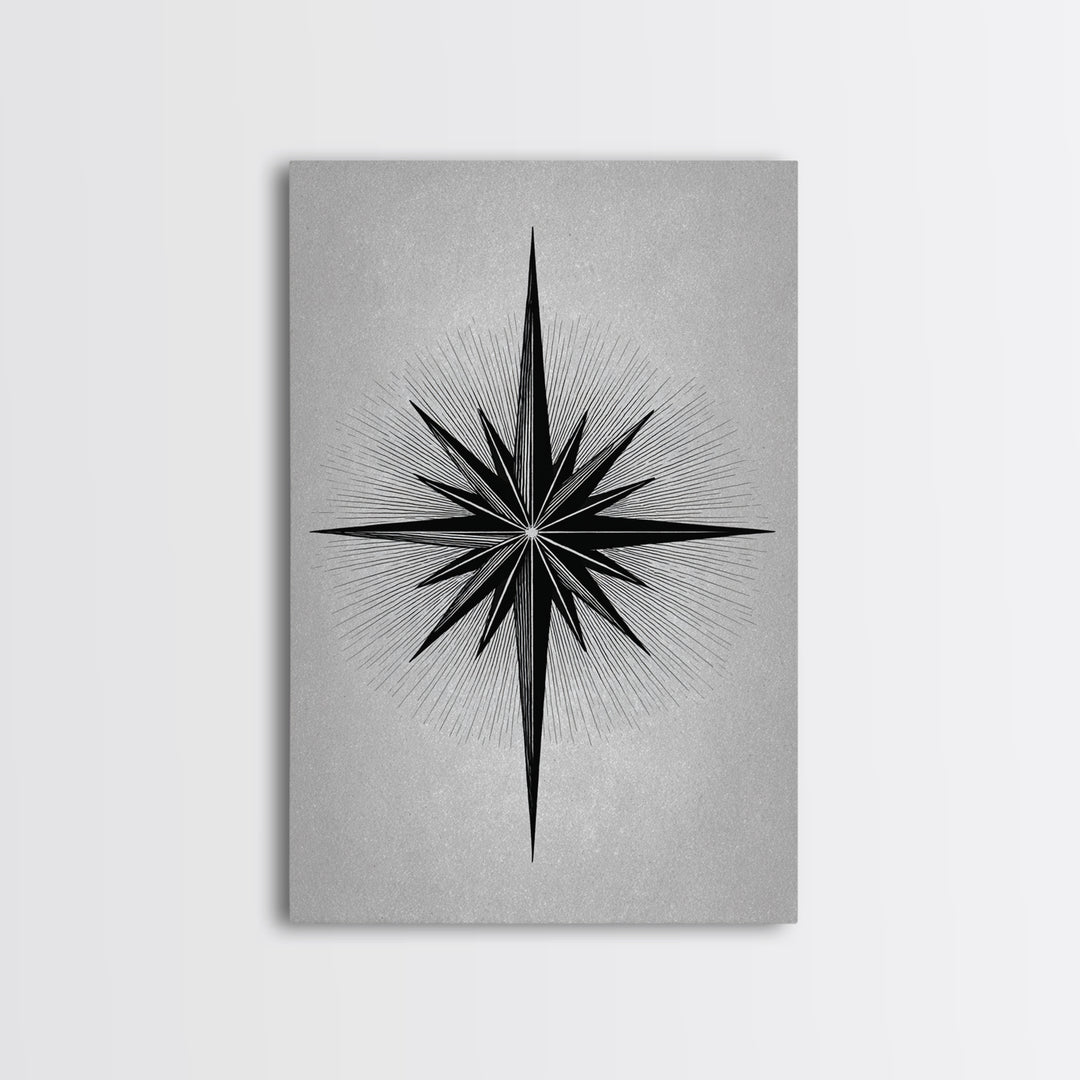 Black Compass Starburst Framed Canvas Print, Midcentury Modern Art, Geometric Wall Decor, Minimalist Art Print, Retro Decor