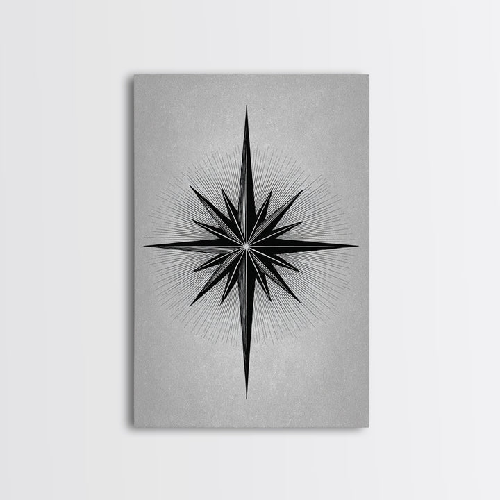 Black Compass Starburst Framed Canvas Print, Midcentury Modern Art, Geometric Wall Decor, Minimalist Art Print, Retro Decor
