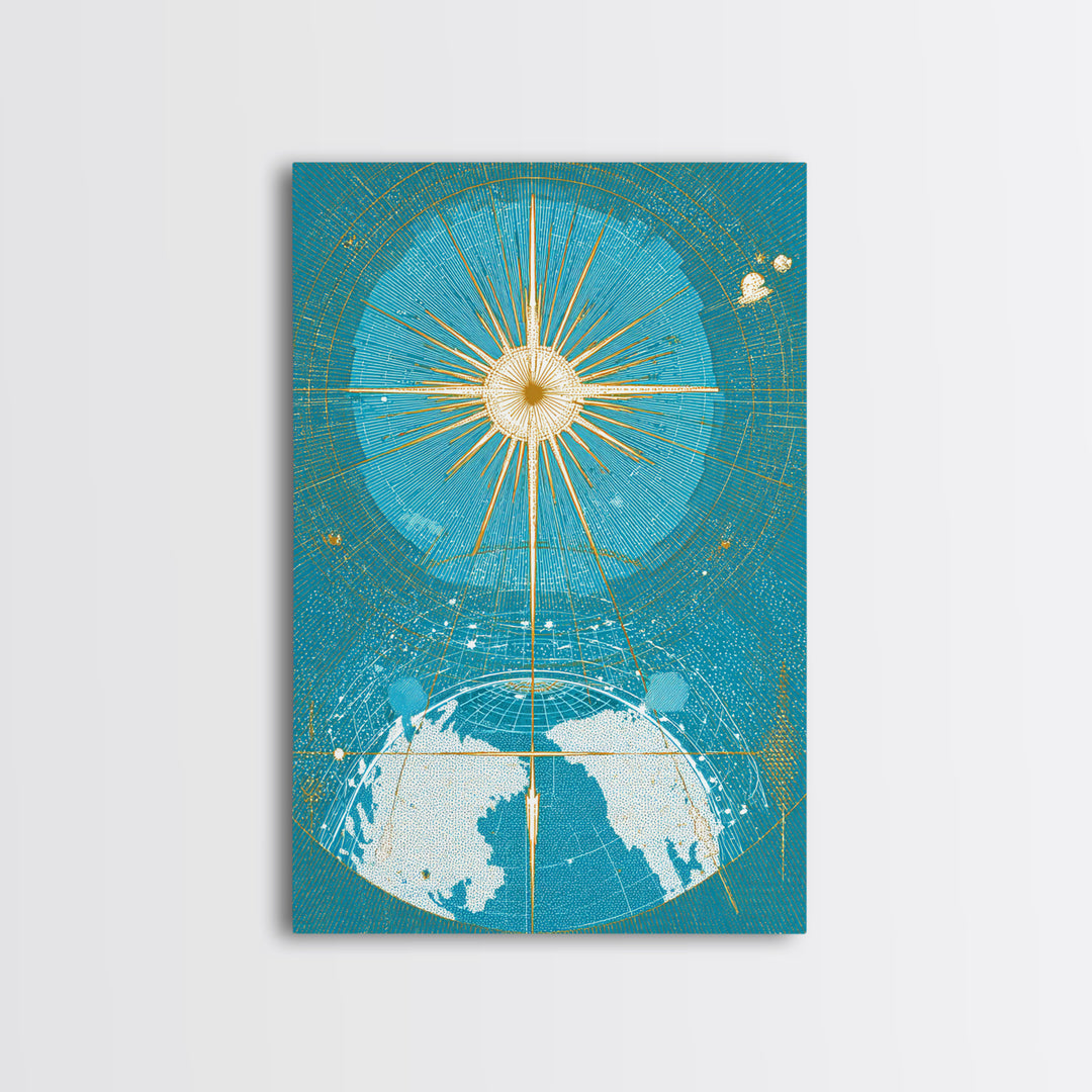 Turquoise Celestial Earth Sunburst Wall Art, Midcentury Modern Space Poster, Atomic Retro Map Print, Blue Office Decor Gift