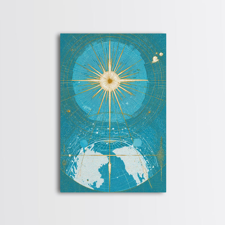 Turquoise Celestial Earth Sunburst Wall Art, Midcentury Modern Space Poster, Atomic Retro Map Print, Blue Office Decor Gift