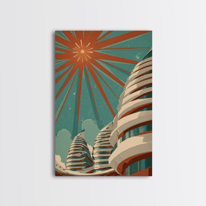 Retro Futurist Towers Wall Art, Midcentury Modern Art, Architectural Art, Palm Springs Art, Travel Poster, Teal Orange Decor