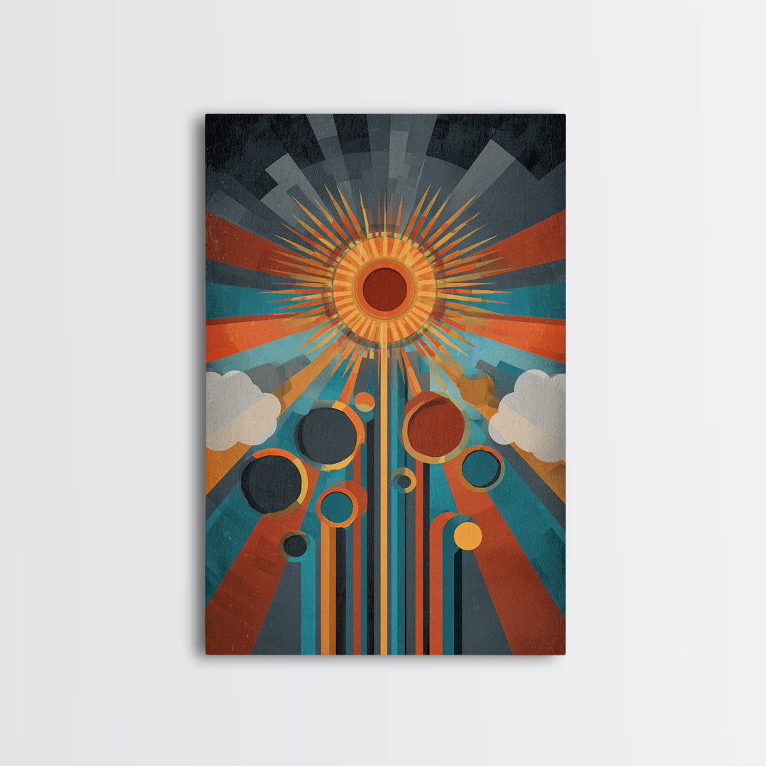 Geometric Solar Eclipse With Retro Planets Wall Art, Midcentury Modern Abstract Poster, Atomic Space Decor, Colorful MCM Print