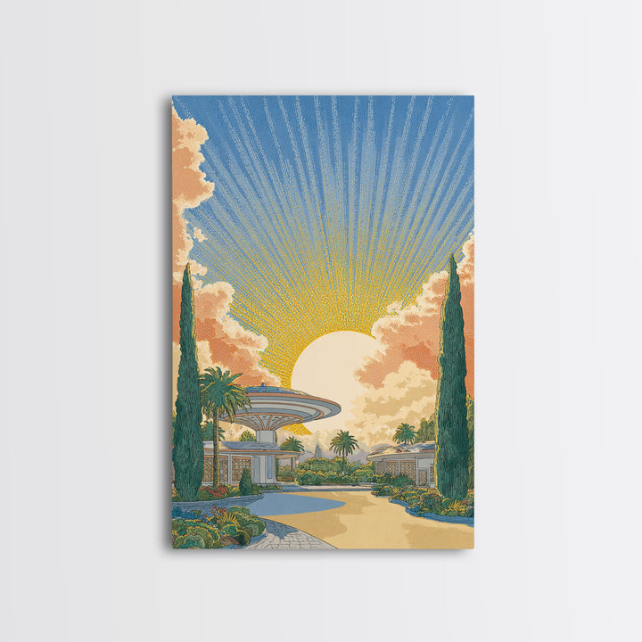 Futuristic Desert Resort Sunrise Wall Art, Midcentury Modern Architecture Poster, Palm Springs Decor, Retro Travel Print